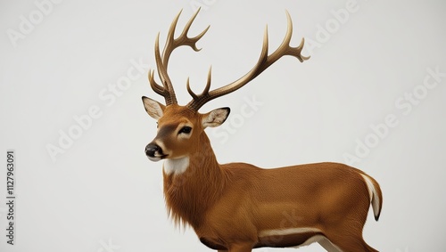 a golden deer with long horns isolated on white background