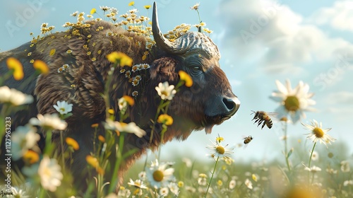 A group of bees pollinating flowers on the back of a grazing buffalo, forming a unique ecological partnership photo