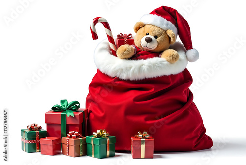 Classic Santa Claus sack overflowing with toys and gifts, including a teddy bear and candy cane, isolated on white