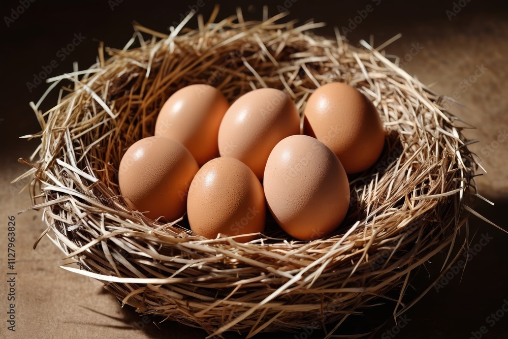 eggs in a nest with straw on a table eggs in a nest with straw on a table