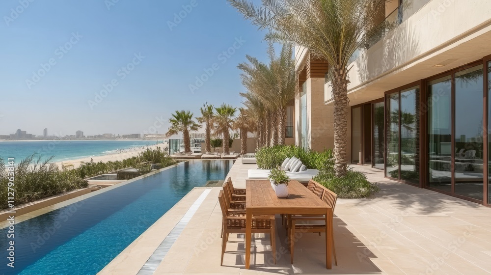 Fototapeta premium 97.Dining table with chair and wooden sun loungers placed near swimming pool in yard of expensive contemporary minimalist styled villa on sunny day:
