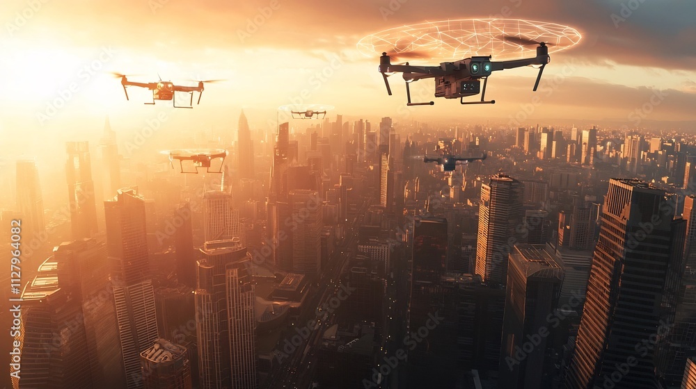 Aerial view showcasing multiple planes and drones in flight connected and navigated through a holographic network system with advanced communication and digital infrastructure Aerial view showcasing multiple planes and drones in flight connected and navigated through a holographic network system with advanced communication and digital infrastructure