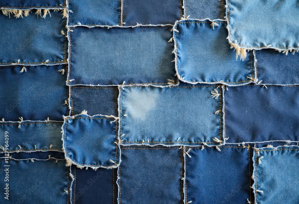 Patchwork denim fabric with various shades of blue. Different denim squares stitched together creating textured background. Design could great for fashion, interior design, textile-related projects.