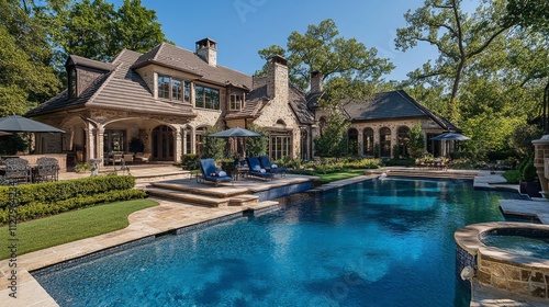 103.Dive into luxury with this stunning photo featuring a lavish swimming pool, exquisite house, lush green backyard, and meticulously designed garden: