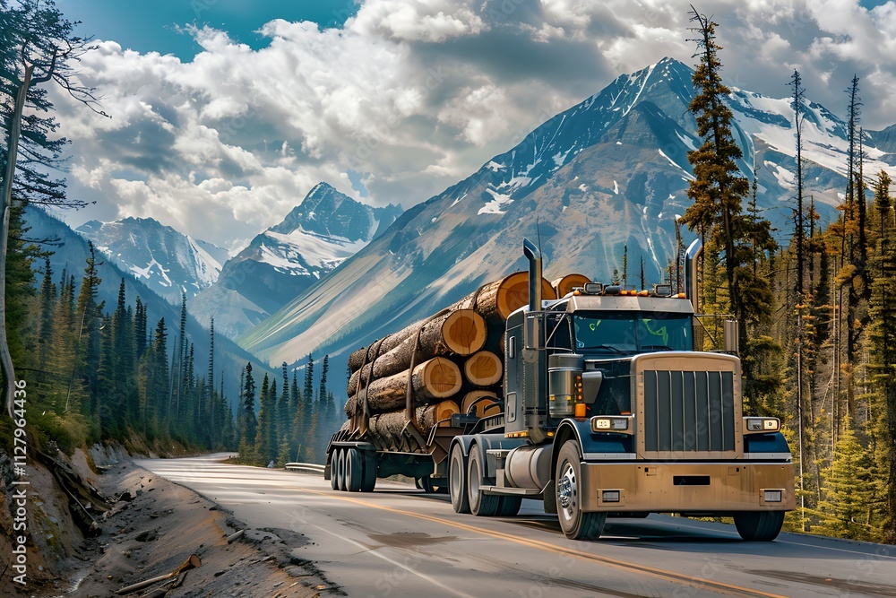 Truck with big log on the road in the mountains Truck with big log on the road in the mountains