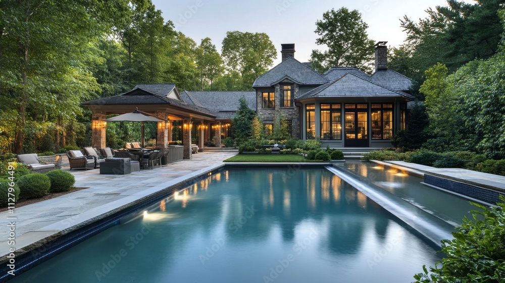 106.Beautifully designed backyard with a large, luxurious pool, framed by dense greenery and an elegant house; the garden is lush and carefully crafted, offering a sense of exclusivity and 106.Beautifully designed backyard with a large, luxurious pool, framed by dense greenery and an elegant house; the garden is lush and carefully crafted, offering a sense of exclusivity and