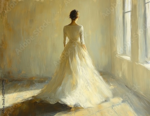 Serene Portrait of a Woman in a Flowing White Dress with Soft Natural Light and Gentle Shadows