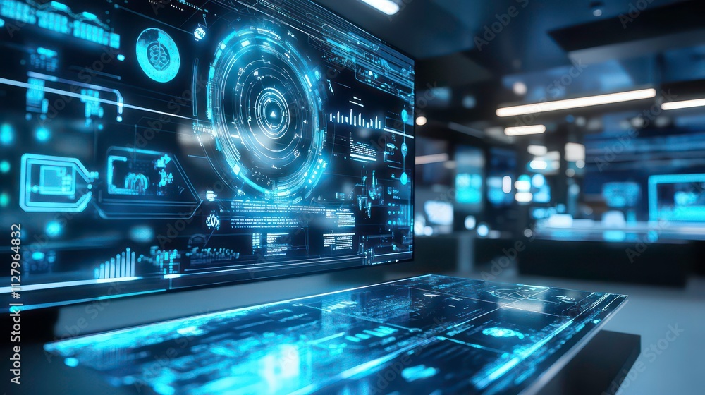 A futuristic workspace with holographic displays and floating digital interfaces. A futuristic workspace with holographic displays and floating digital interfaces.