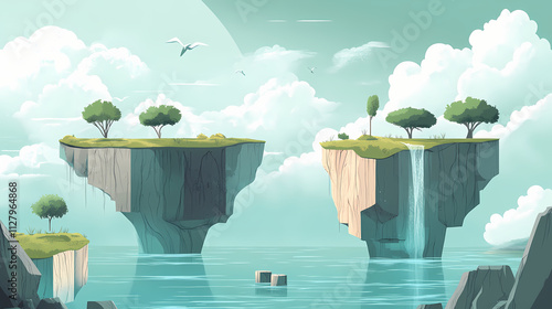 An ethereal landscape where cryptic floating islands hover above a mystical sea, each island inhabited by legendary beings shrouded in mystery, flat design illustration. Fable. Illustration photo