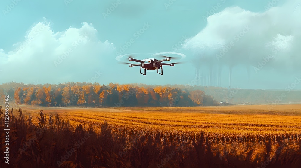 Fototapeta premium A high-tech drone hovering over an agricultural field, scanning crops
