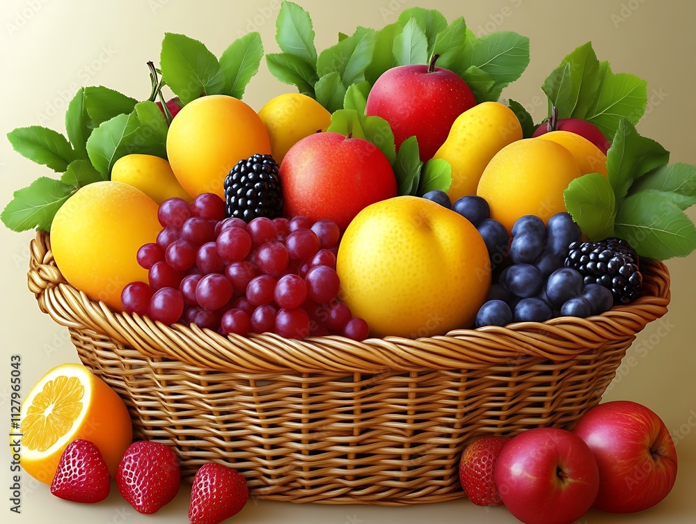 A wicker basket overflowing with a variety of fresh fruits A wicker basket overflowing with a variety of fresh fruits