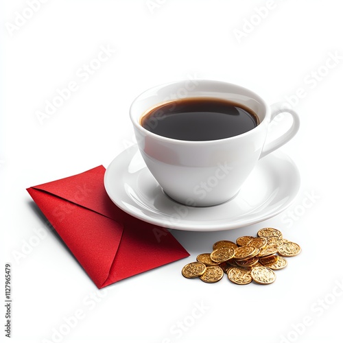 A white cup of coffee on a saucer with a red envelope and a pile of gold coins, creatively arranged against a white background. photo