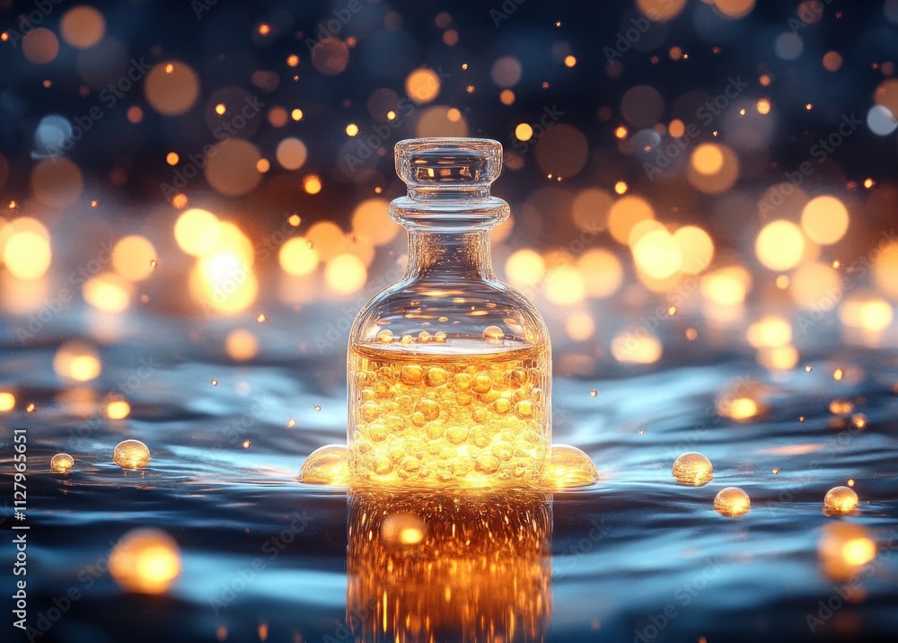 Golden Cosmetic Serum with Droplets for Skin Repair and Hydration in Hyper-Realistic Style Golden Cosmetic Serum with Droplets for Skin Repair and Hydration in Hyper-Realistic Style