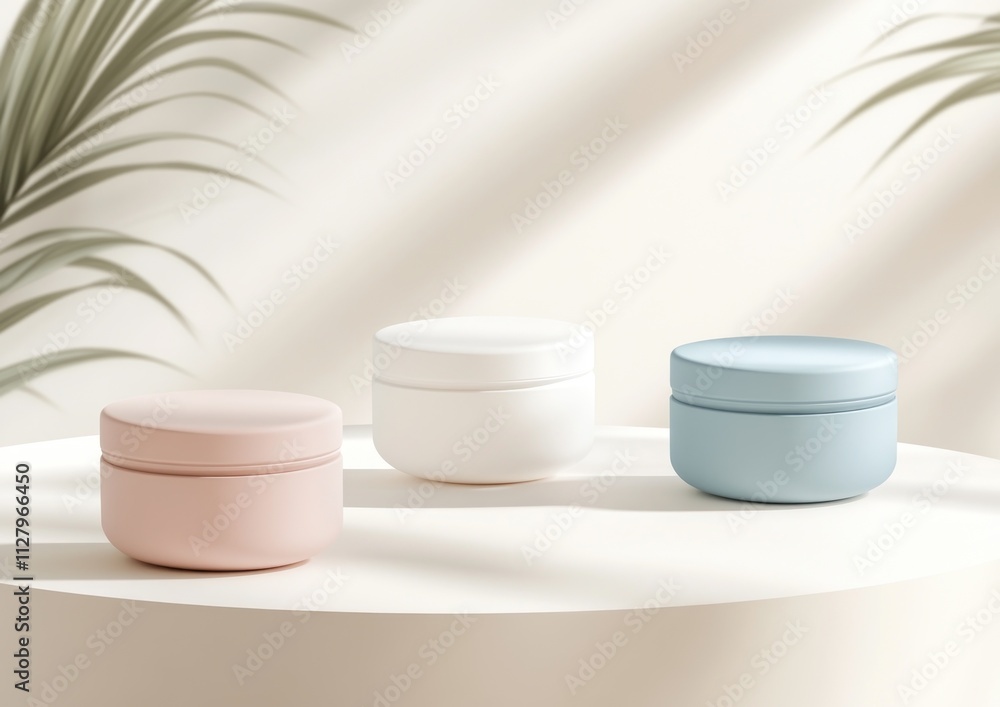 Three pastel cosmetic jars on a white pedestal with palm leaves. Three pastel cosmetic jars on a white pedestal with palm leaves.