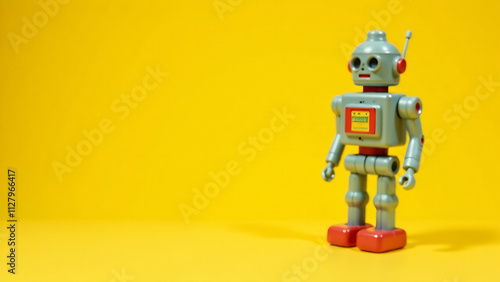 Vintage toy robot standing on a yellow background. Retro style, 50s and 60s. Technology and nostalgia concept. Design for banner, poster with copy space