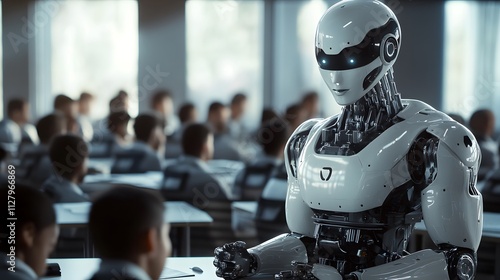 Wallpaper Mural A humanoid robot teaching a group of students in a futuristic classroom Torontodigital.ca