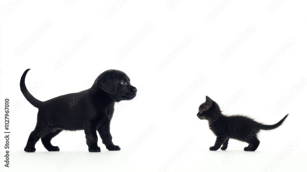 Black puppy and kitten facing each other on white background. Black puppy and kitten facing each other on white background.