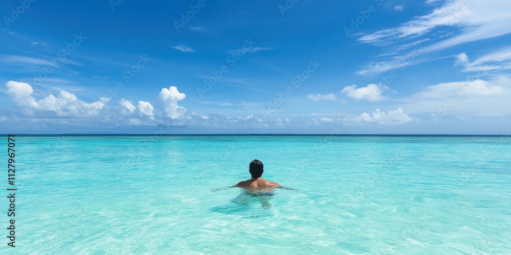 A man is standing in calm, turquoise waters surrounded by stunning blue skies and fluffy clouds, evoking a sense of peace and freedom in nature's embrace. A man is standing in calm, turquoise waters surrounded by stunning blue skies and fluffy clouds, evoking a sense of peace and freedom in nature's embrace.