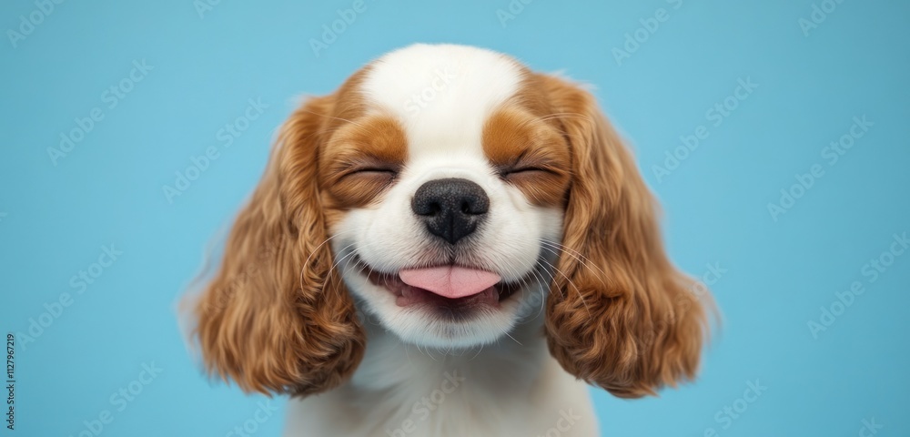 Happy puppy with eyes closed and tongue out against a blue background. Happy puppy with eyes closed and tongue out against a blue background.