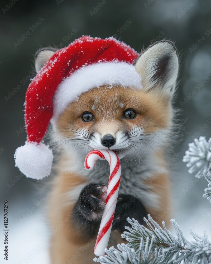 Playful Red Fox Kit Nibbling Candy Cane Winter Wonderland Animal Photography Festive Environment Close-Up Christmas Cheer Playful Red Fox Kit Nibbling Candy Cane Winter Wonderland Animal Photography Festive Environment Close-Up Christmas Cheer