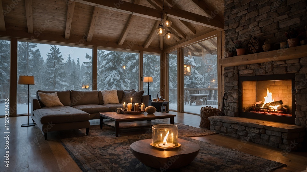 冬の雪景色を望む暖炉とモダンな山小屋風リビングルーム | Cozy Mountain Cabin Living Room with Fireplace and Snowy View 冬の雪景色を望む暖炉とモダンな山小屋風リビングルーム | Cozy Mountain Cabin Living Room with Fireplace and Snowy View