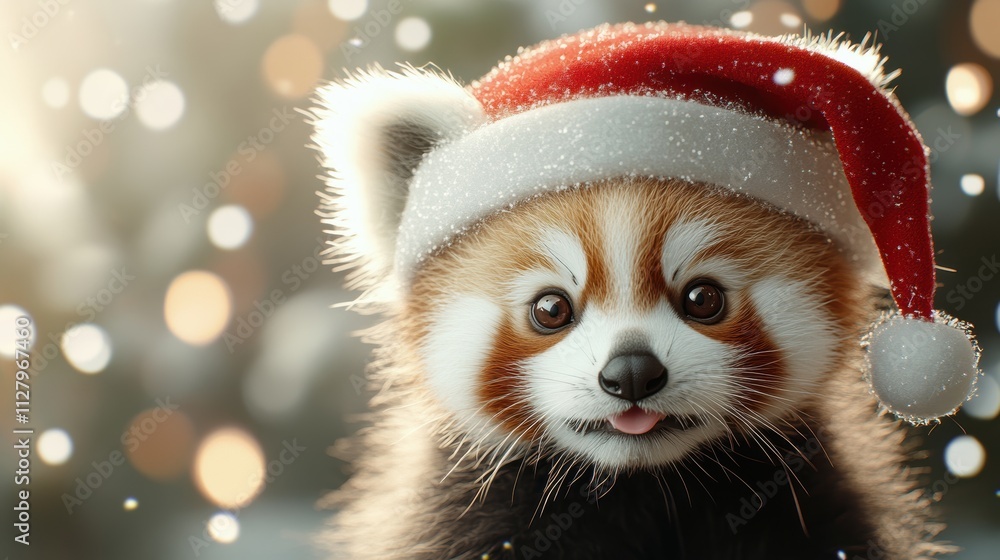 Red Panda Cub Balancing Christmas Hat Cozy Forest Playful Scene Winter Wonderland Up-Close Perspective Festive Joy Red Panda Cub Balancing Christmas Hat Cozy Forest Playful Scene Winter Wonderland Up-Close Perspective Festive Joy