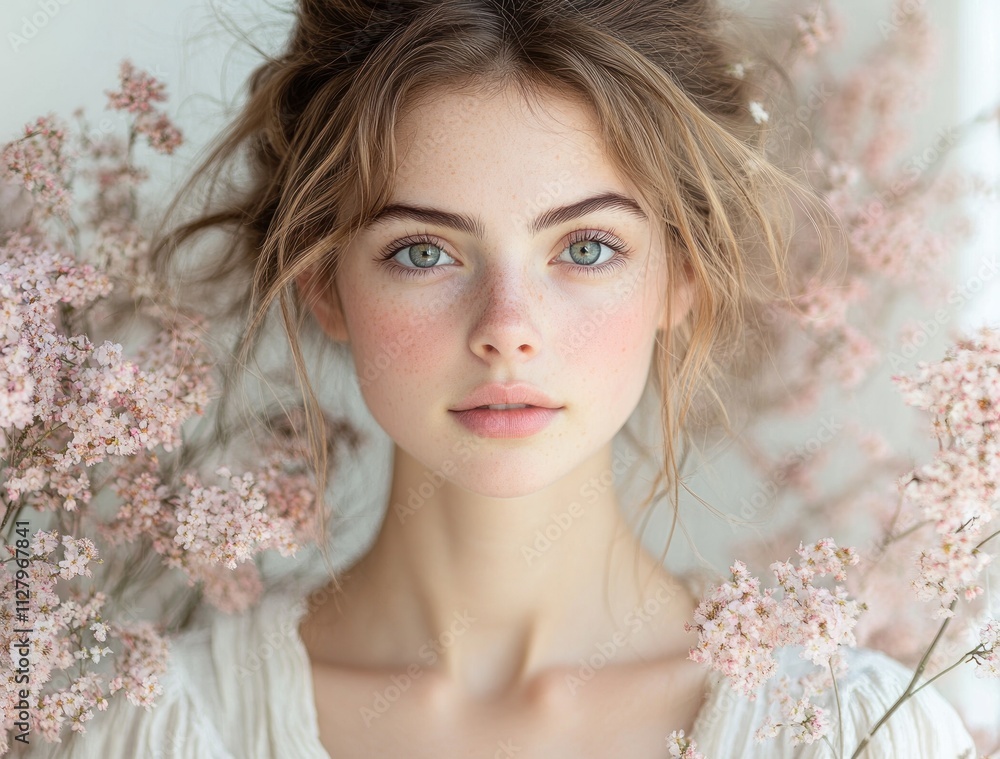 Profile Portrait of a Serene Woman in Natural Light with Floral Elements Profile Portrait of a Serene Woman in Natural Light with Floral Elements