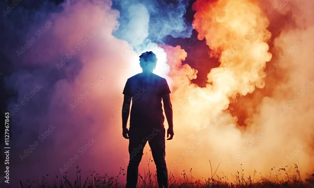 Silhouetted Man Amidst Vibrant Blue and Orange Smoke Clouds Silhouetted Man Amidst Vibrant Blue and Orange Smoke Clouds