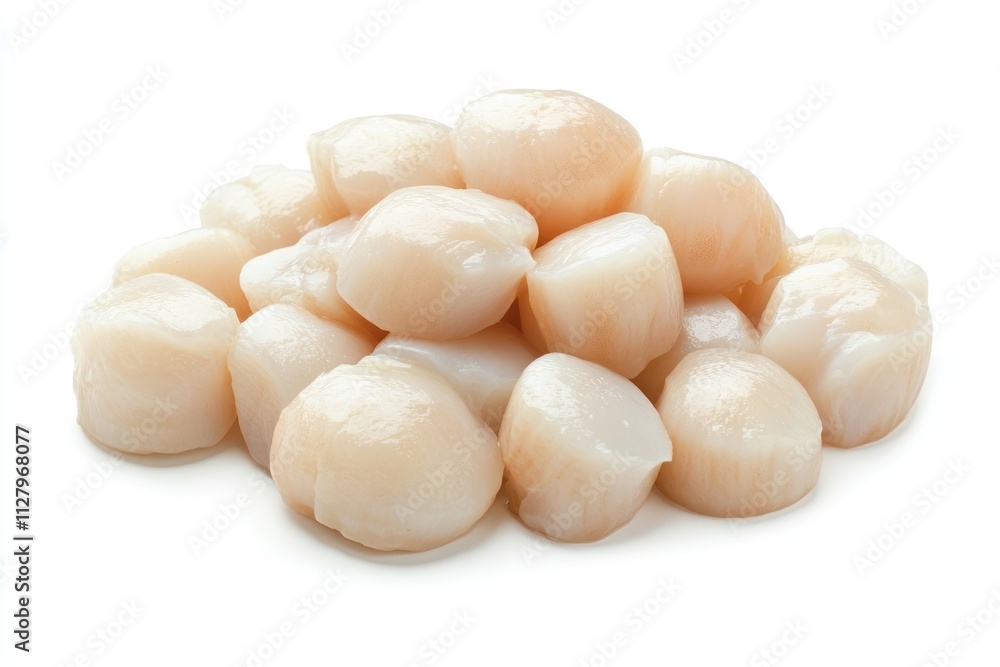 Close-up of a pile of fresh, raw scallops on a white background. Close-up of a pile of fresh, raw scallops on a white background.