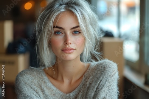 Portrait of Mature Woman with Silver Hair and Healthy Smile in Minimalist Interior on Relocation Day