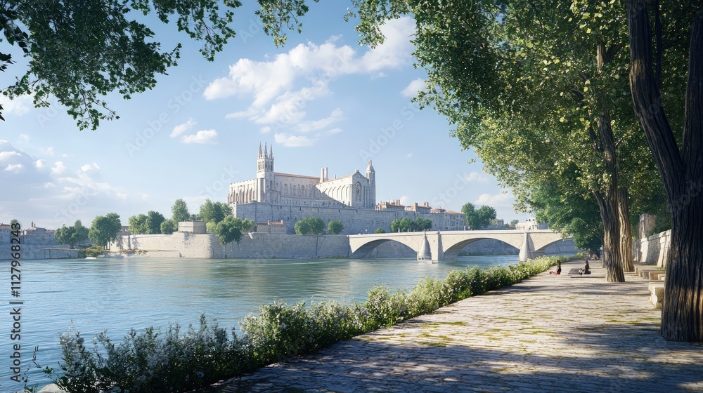 Obraz premium Riverfront cathedral, bridge, trees, sunny day.