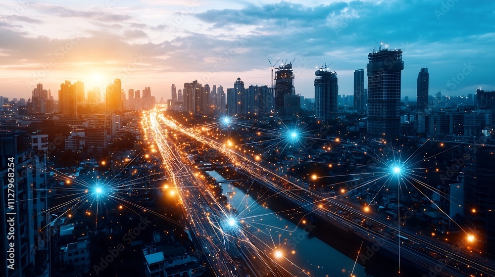 Fototapeta premium Photograph of a modern highway at night lined with smart light poles visualized with glowing network lines for advanced traffic and energy management leaving copy space at the bottom