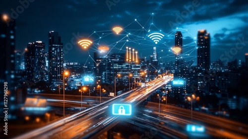 Wallpaper Mural Futuristic highway scene at night featuring modern smart light poles visualized with glowing network lines for advanced traffic and energy management in a smart city setting Torontodigital.ca