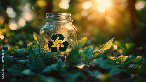 Recycling Jar Surrounded by Greenery for Eco-Friendly Living and Sustainable Lifestyle Choices photo