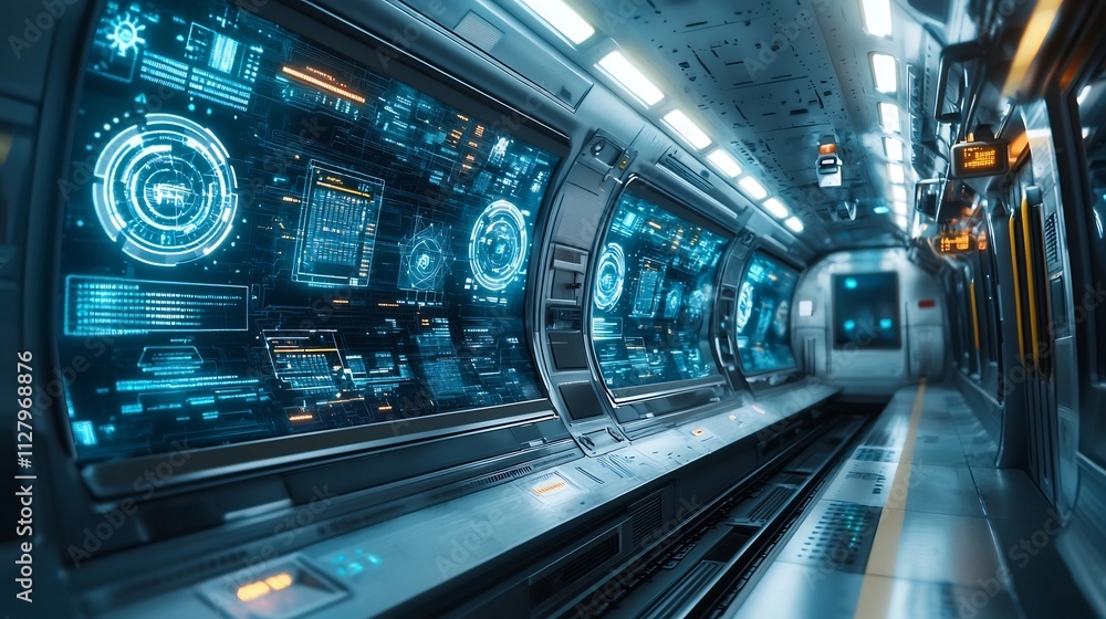 Futuristic interior of a smart subway car equipped with networked digital screens and advanced passenger tracking systems showcasing the of modern technology in urban public transportation Futuristic interior of a smart subway car equipped with networked digital screens and advanced passenger tracking systems showcasing the of modern technology in urban public transportation