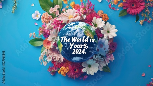 A globe surrounded by flowers with the text 