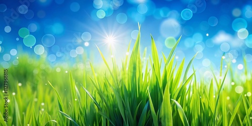 Vibrant Spring Nature Background Featuring Lush Green Grass Under a Clear Blue Sky Ideal for Product Photography and Nature-Themed Projects