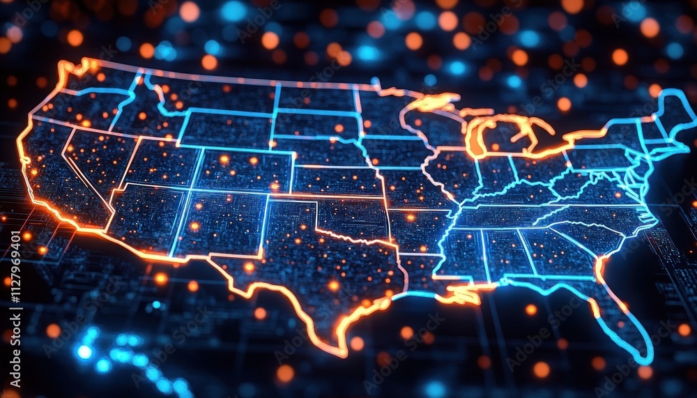 Obraz premium Cybersecurity Map of the United States with Data Protection and Integrity Shield Overlay
