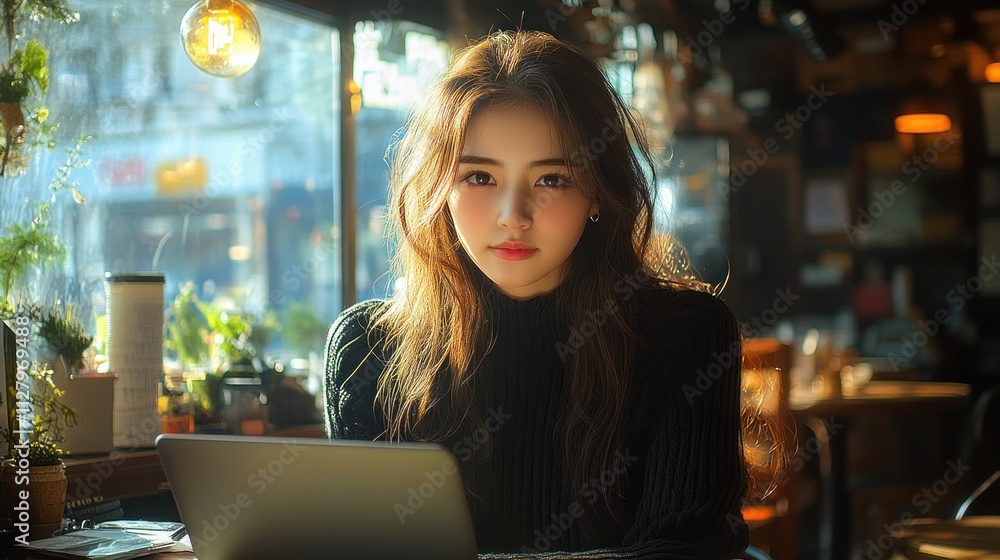Woman Using Laptop in Cozy Coffee Shop with Natural Light Woman Using Laptop in Cozy Coffee Shop with Natural Light