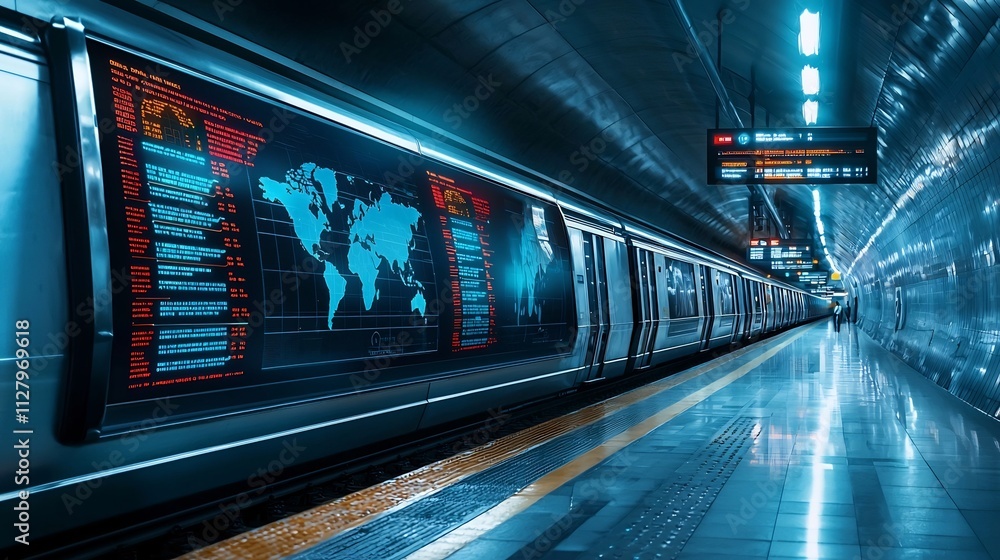 Fototapeta premium Photograph of a modern digital information display board in a subway station connected to real time network systems providing updates on train schedules and service status