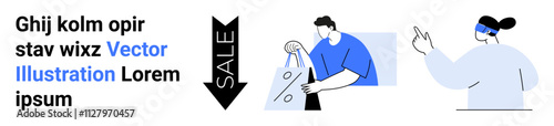 Man examining shopping bags, woman engaging with virtual display, vertical sale sign. Ideal for retail, shopping, e-commerce, promotions, marketing advertising visual presentations. Landing page