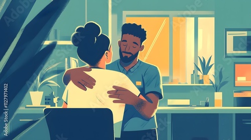 A coworker offering a supportive pat on the back to a colleague after a tough day