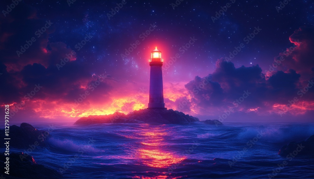 Digital Lighthouse Guiding in Futuristic Ocean Waves with Neon Technology and Cyberpunk Aesthetics Digital Lighthouse Guiding in Futuristic Ocean Waves with Neon Technology and Cyberpunk Aesthetics