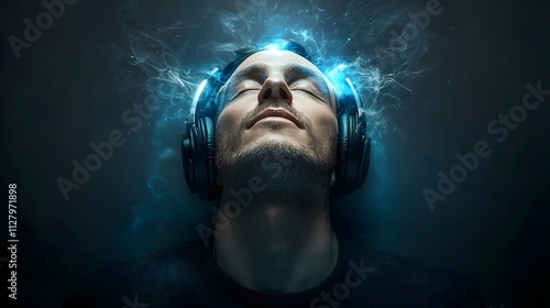 An employee looking peaceful while listening to calming music with their headphones on