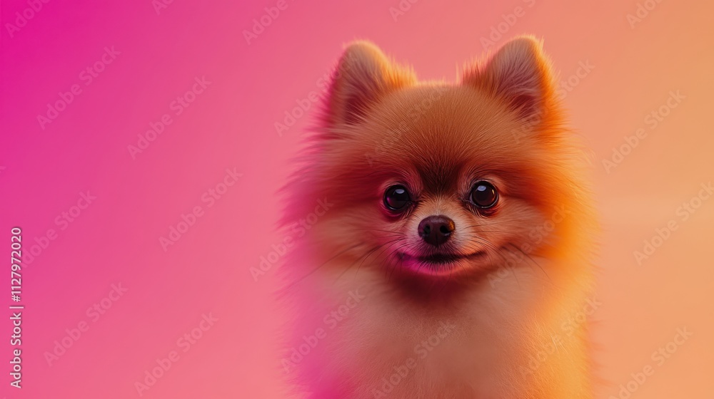 A medium shot of a playful small dog with neatly groomed fur, positioned in front of a smooth gradient pink backdrop, emphasizing its expressive eyes and alert ears A medium shot of a playful small dog with neatly groomed fur, positioned in front of a smooth gradient pink backdrop, emphasizing its expressive eyes and alert ears