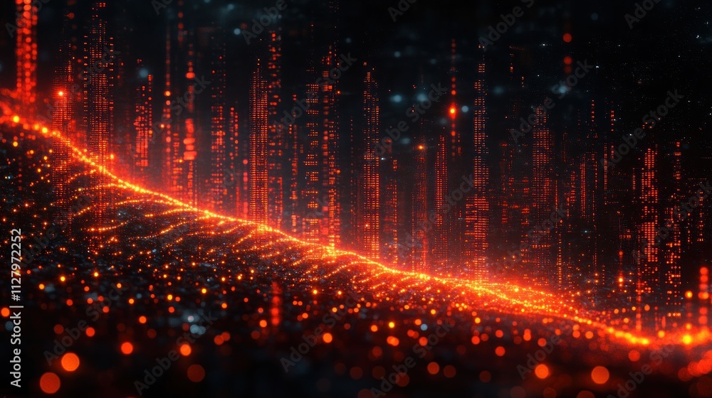 Abstract fiery digital city landscape at night. Abstract fiery digital city landscape at night.