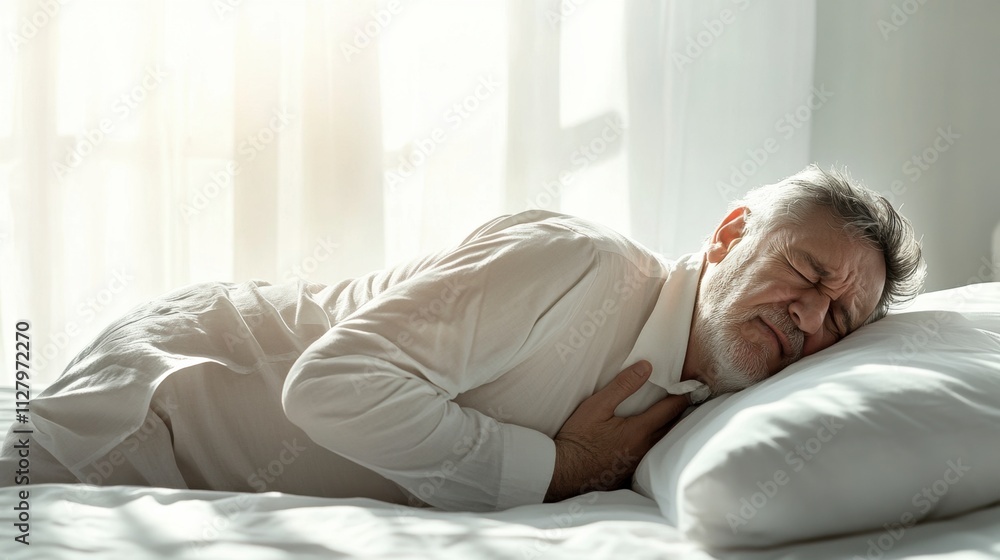 Senior man experiencing chest pain while resting in bed. Recognizing heart health warning signs for timely medical intervention. Senior man experiencing chest pain while resting in bed. Recognizing heart health warning signs for timely medical intervention.