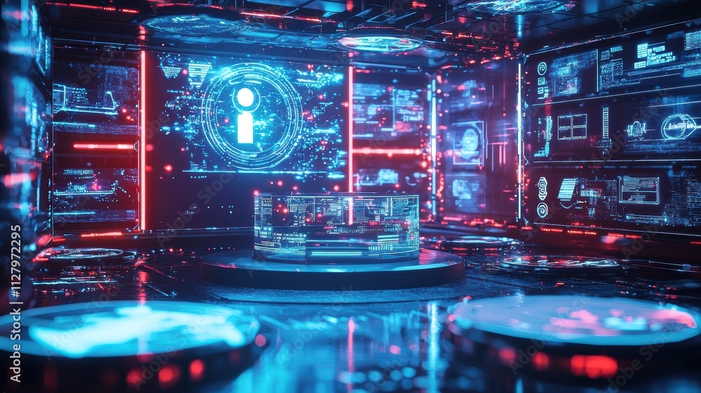 Obraz premium Futuristic Digital Control Room with Interface Displays and Graphics