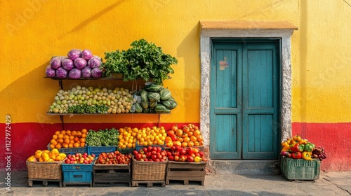 Vibrant Fruit and Vegetable Stand Against a Sunny Yellow Wall