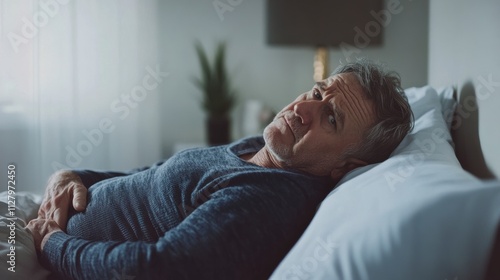 Senior man resting comfortably in bed, showcasing peaceful relaxation. Explore wellness and restful sleep tips for older adults.